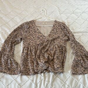 Peach Love California Tan and Black Bell Sleeve Blouse